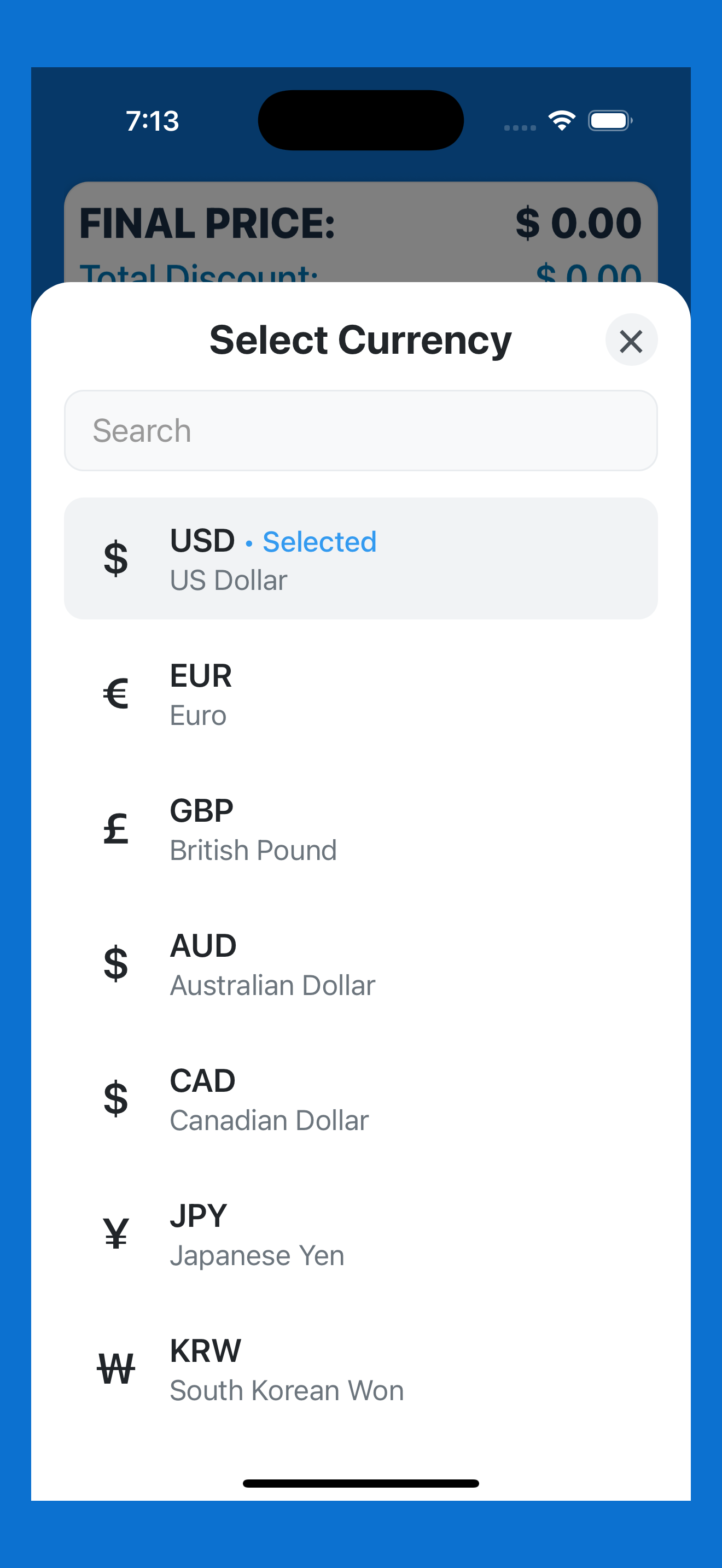 Final Price Calculator - Currency Selection